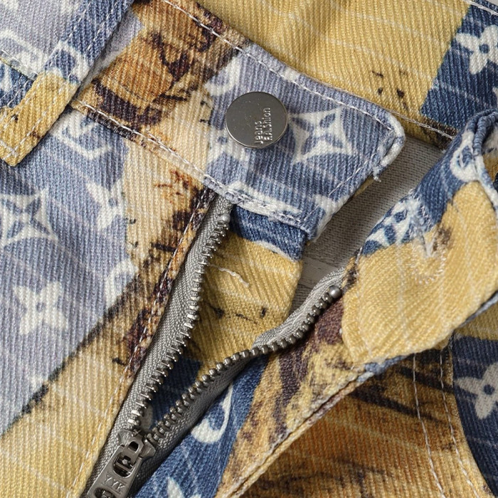 Men Vintage Distressed Denim Full Print Jeans Straight Leg Trousers Streetwear Pants Casual Bottoms Joggers Clothes Women