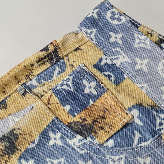 Men Vintage Distressed Denim Full Print Jeans Straight Leg Trousers Streetwear Pants Casual Bottoms Joggers Clothes Women