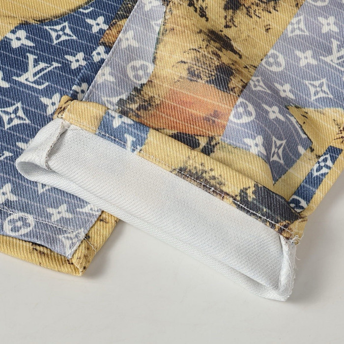 Men Vintage Distressed Denim Full Print Jeans Straight Leg Trousers Streetwear Pants Casual Bottoms Joggers Clothes Women