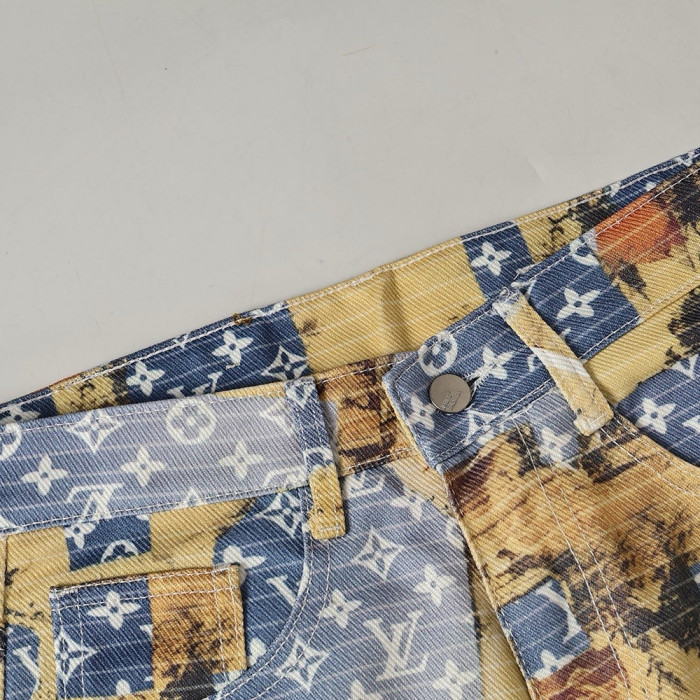 Men Vintage Distressed Denim Full Print Jeans Straight Leg Trousers Streetwear Pants Casual Bottoms Joggers Clothes Women