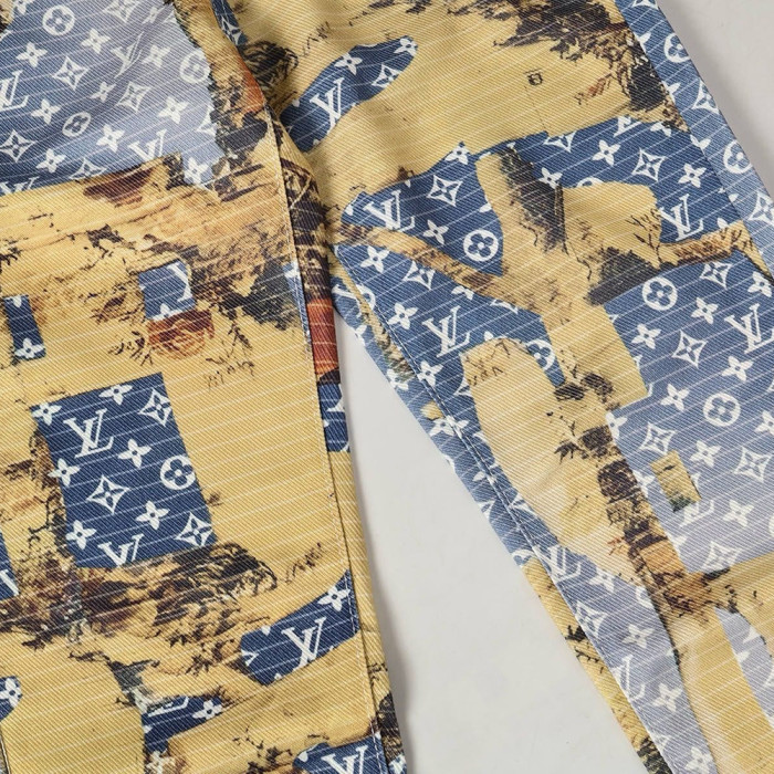 Men Vintage Distressed Denim Full Print Jeans Straight Leg Trousers Streetwear Pants Casual Bottoms Joggers Clothes Women