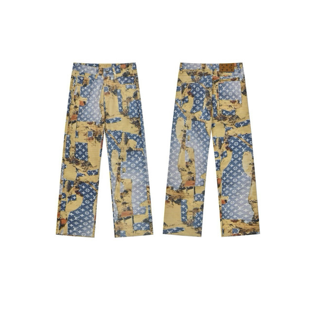 Men Vintage Distressed Denim Full Print Jeans Straight Leg Trousers Streetwear Pants Casual Bottoms Joggers Clothes Women