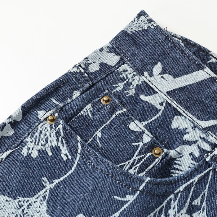 Men Vintage Distressed Denim Full Print Jeans Straight Leg Trousers Streetwear Pants Casual Bottoms Joggers Clothes Women