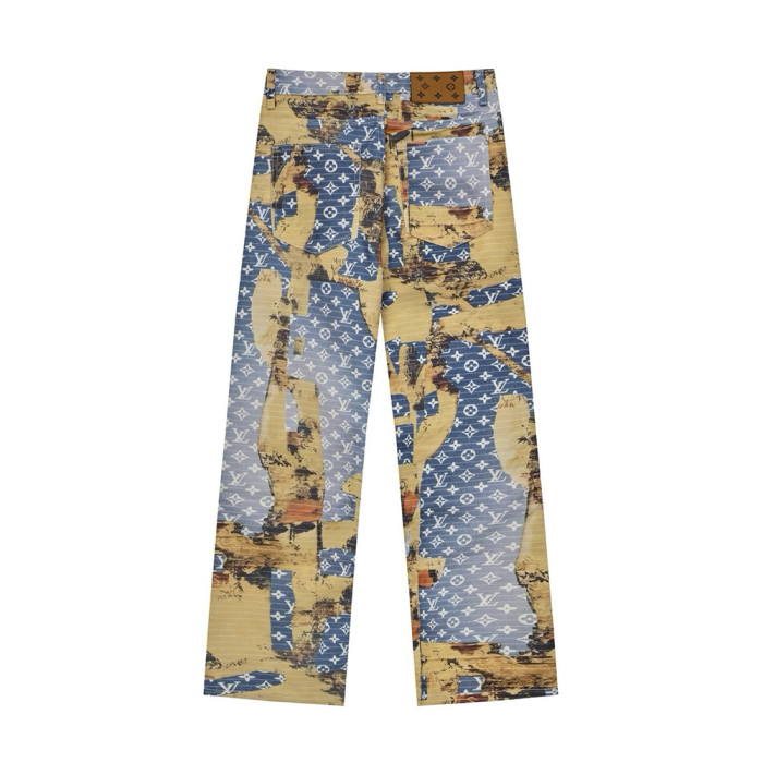 Men Vintage Distressed Denim Full Print Jeans Straight Leg Trousers Streetwear Pants Casual Bottoms Joggers Clothes Women