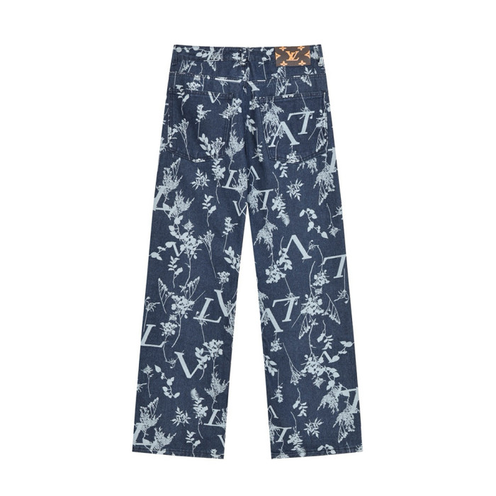 Men Vintage Distressed Denim Full Print Jeans Straight Leg Trousers Streetwear Pants Casual Bottoms Joggers Clothes Women