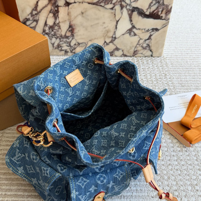 Men Women Vintage Denim Backpack Multi-pocket Handbag Shopper Crossbody Bag