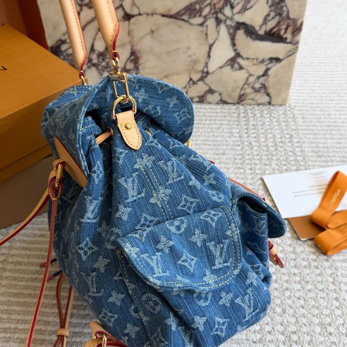 Men Women Vintage Denim Backpack Multi-pocket Handbag Shopper Crossbody Bag