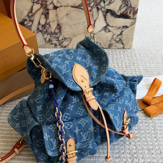 Men Women Vintage Denim Backpack Multi-pocket Handbag Shopper Crossbody Bag
