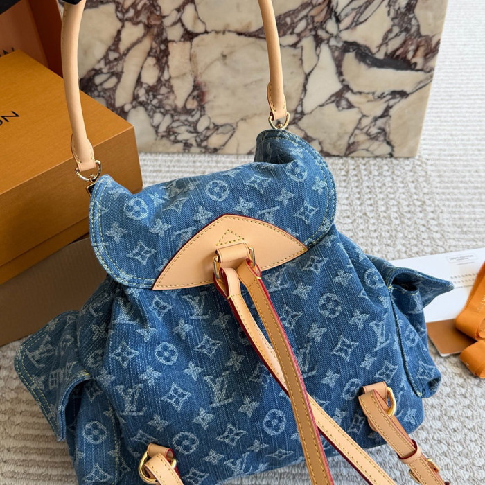 Men Women Vintage Denim Backpack Multi-pocket Handbag Shopper Crossbody Bag
