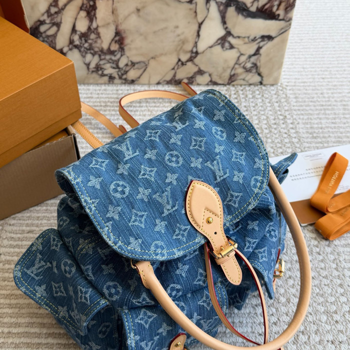 Men Women Vintage Denim Backpack Multi-pocket Handbag Shopper Crossbody Bag