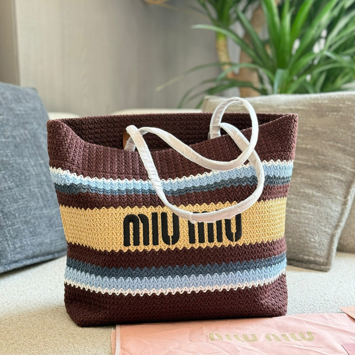 Women's Classic Open-Top Multicolored Crochet Tote Bag Top Handle Shoulder Bag Strip Woven Handbag