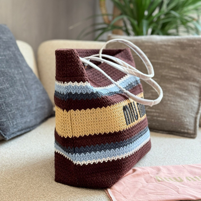 Women's Classic Open-Top Multicolored Crochet Tote Bag Top Handle Shoulder Bag Strip Woven Handbag