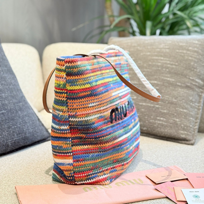 Women's Classic Open-Top Multicolored Crochet Tote Bag Top Handle Shoulder Bag Strip Woven Handbag