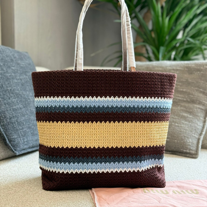 Women's Classic Open-Top Multicolored Crochet Tote Bag Top Handle Shoulder Bag Strip Woven Handbag
