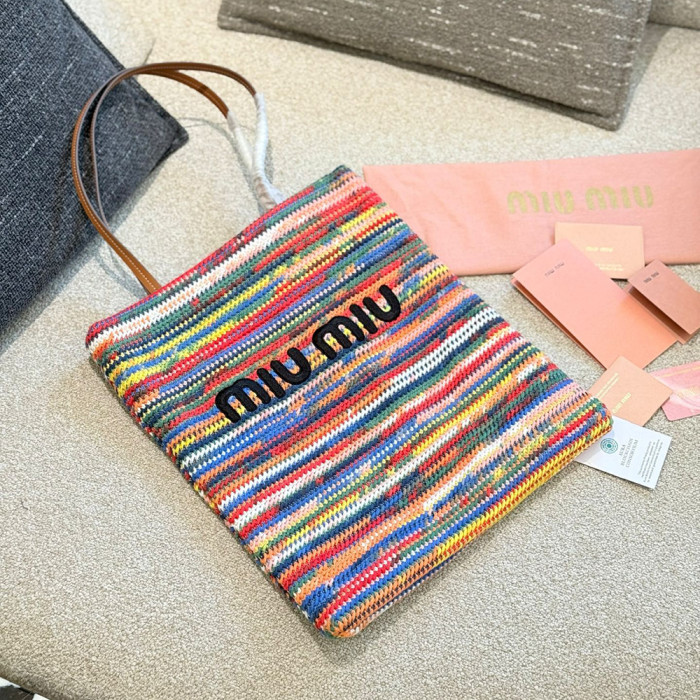 Women's Classic Open-Top Multicolored Crochet Tote Bag Top Handle Shoulder Bag Strip Woven Handbag