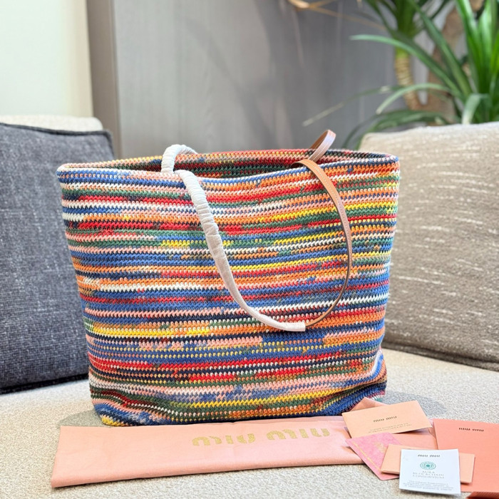Women's Classic Open-Top Multicolored Crochet Tote Bag Top Handle Shoulder Bag Strip Woven Handbag