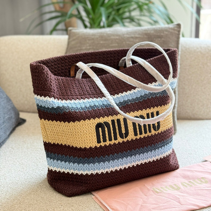 Women's Classic Open-Top Multicolored Crochet Tote Bag Top Handle Shoulder Bag Strip Woven Handbag