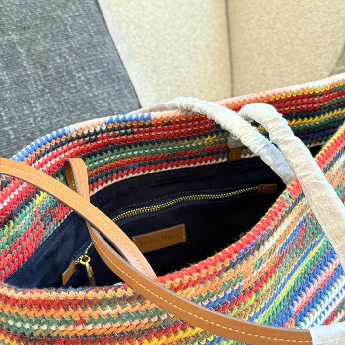 Women's Classic Open-Top Multicolored Crochet Tote Bag Top Handle Shoulder Bag Strip Woven Handbag