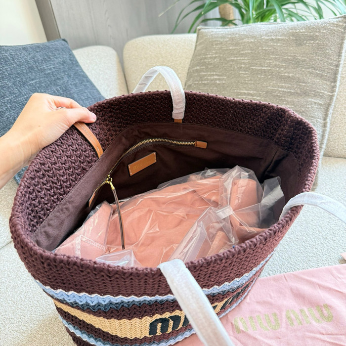 Women's Classic Open-Top Multicolored Crochet Tote Bag Top Handle Shoulder Bag Strip Woven Handbag