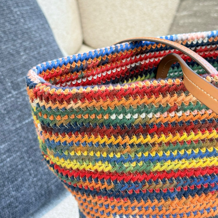Women's Classic Open-Top Multicolored Crochet Tote Bag Top Handle Shoulder Bag Strip Woven Handbag