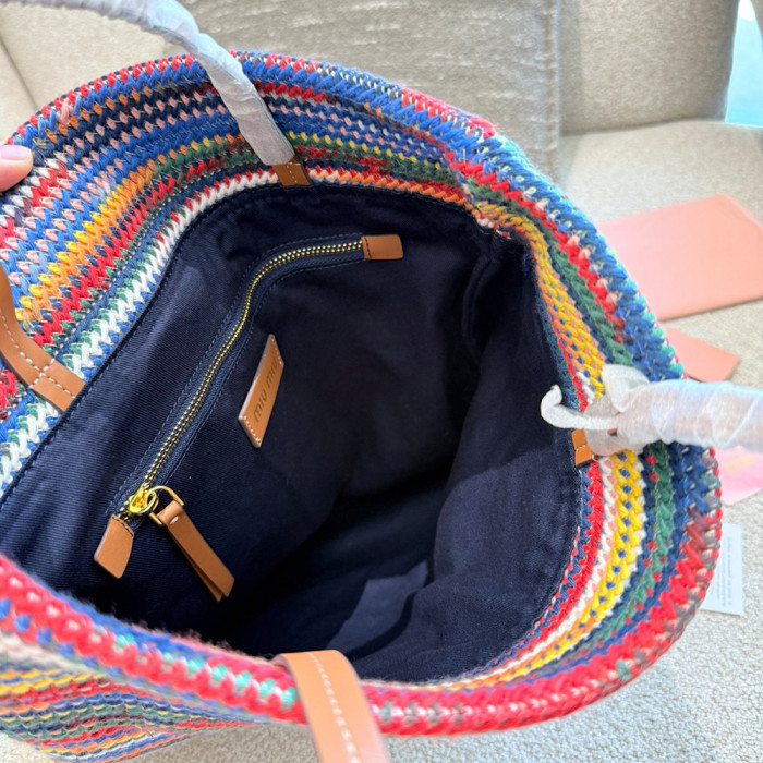 Women's Classic Open-Top Multicolored Crochet Tote Bag Top Handle Shoulder Bag Strip Woven Handbag