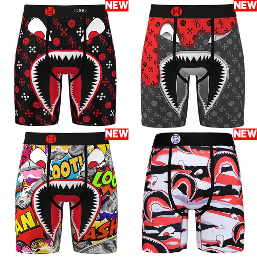 Men's Cooling Boxer Briefs Moisture Wicking Long Leg Underwear Anti Chafing Athletic Trunks with Printed Design for Gym Running