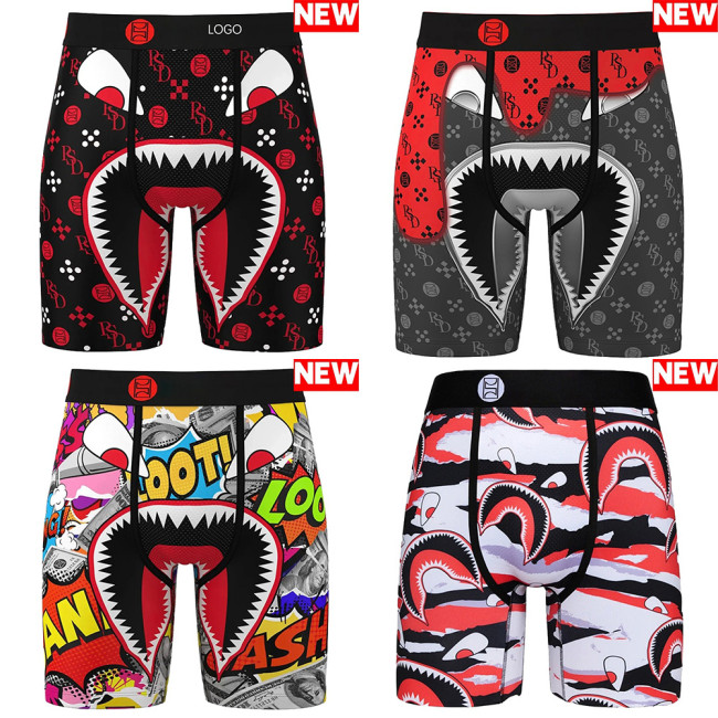 Men's Cooling Boxer Briefs Moisture Wicking Long Leg Underwear Anti Chafing Athletic Trunks with Printed Design for Gym Running