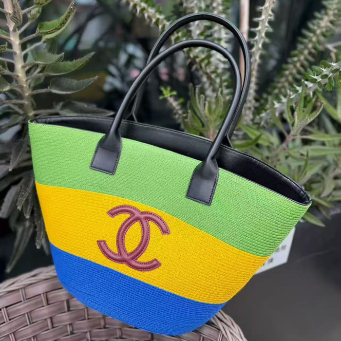 Women's Classic Open-Top Multicolored Crochet Tote Bag Top Handle Shoulder Bag Strip Woven Handbag