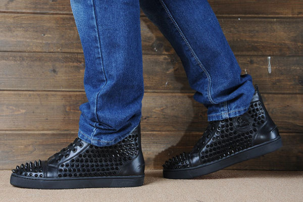 Super Max Perfect Christian Louboutin Louis Spikes Men's Flat Black Sleek Calfskin Leather(with receipt)