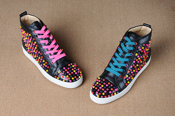 Super Max Perfect Christian Louboutin Colorful Louis Spikes Men's Flat Black Leather(with receipt)