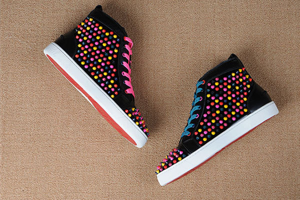 Super Max Perfect Christian Louboutin Colorful Louis Spikes Men's Flat Black Leather(with receipt)