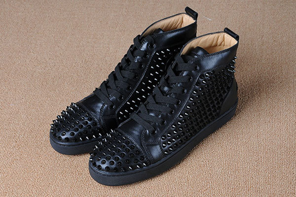 Super Max Perfect Christian Louboutin Louis Spikes Men's Flat Black Sleek Calfskin Leather(with receipt)