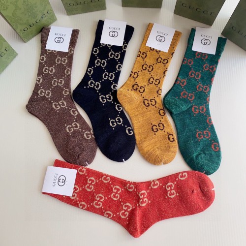 Letter logo gold silk mid-length socks 5 pairs in 1 box
