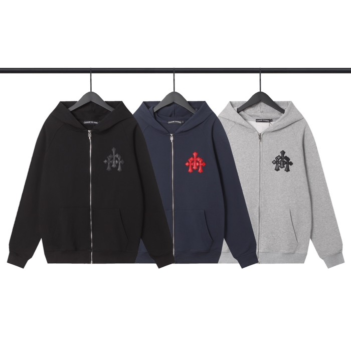 Gray Thirty Applique Leather Hooded Zip Sweatshirt 3 colors