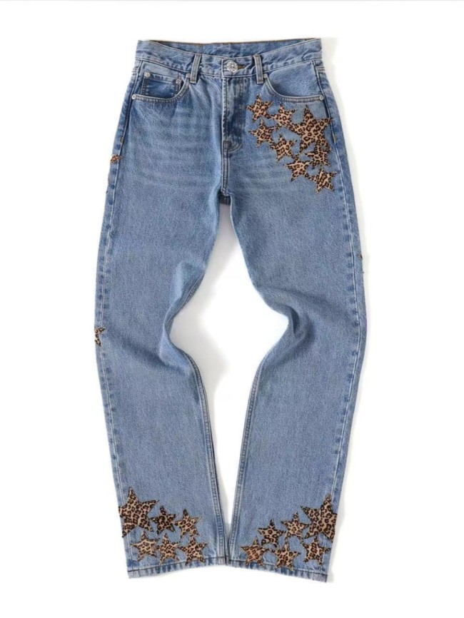 1:1 quality version Leopard Pentagram Appliquéd Silver Button Straight Leg Jeans
