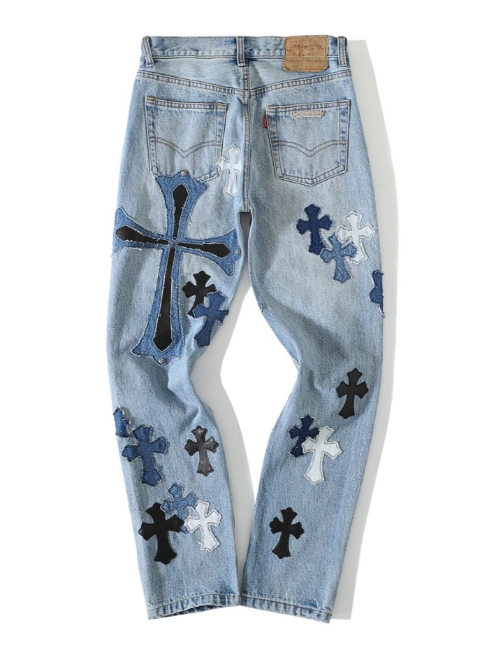 1:1 quality version CH Heavy Duty Appliquéd Pure Silver Button Cross Washed Jeans