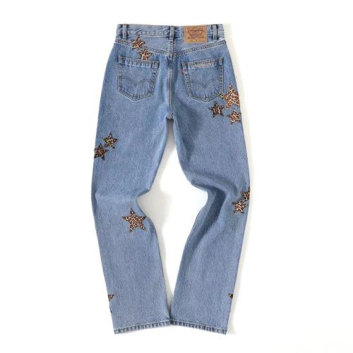 1:1 quality version Leopard Pentagram Appliquéd Silver Button Straight Leg Jeans