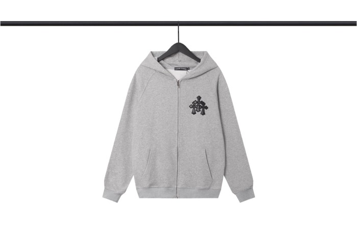 Gray Thirty Applique Leather Hooded Zip Sweatshirt 3 colors