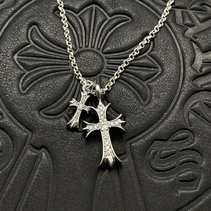 Sterling Silver CH and Diamond Double Cross Necklace 12 colors
