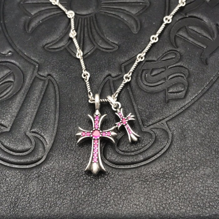 Sterling Silver CH and Diamond Double Cross Necklace 12 colors