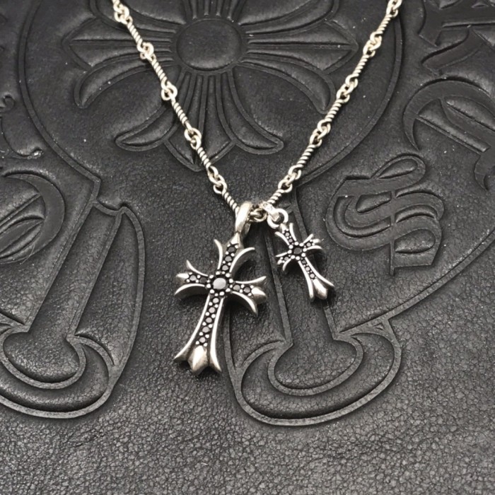Sterling Silver CH and Diamond Double Cross Necklace 12 colors