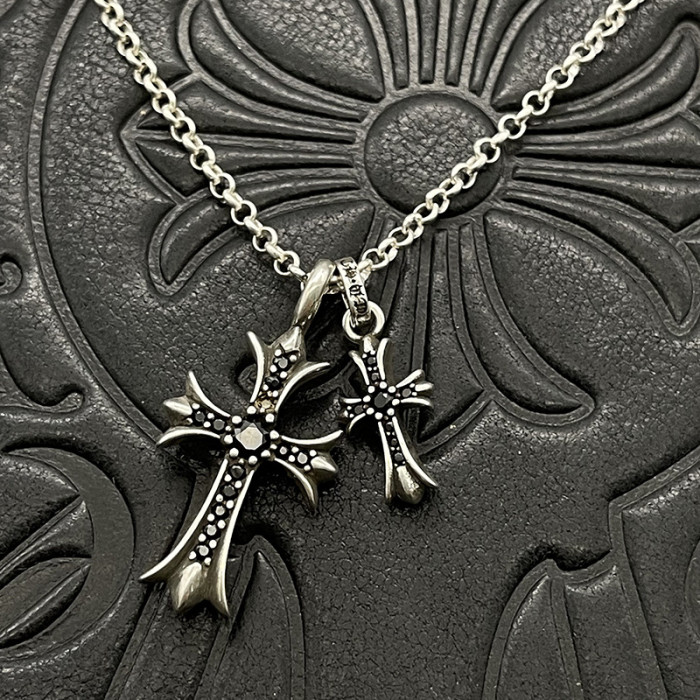 Sterling Silver CH and Diamond Double Cross Necklace 12 colors