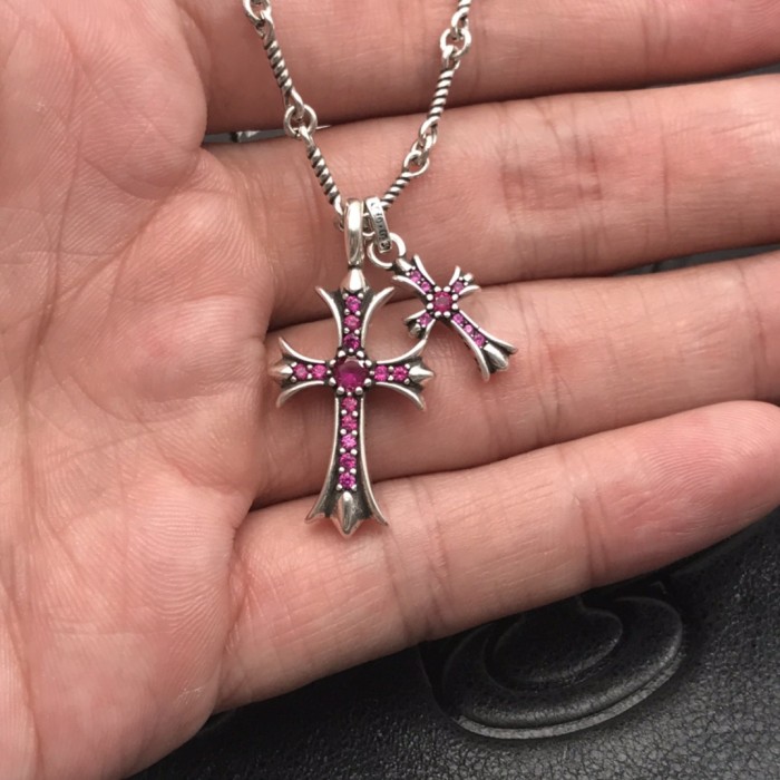 Sterling Silver CH and Diamond Double Cross Necklace 12 colors
