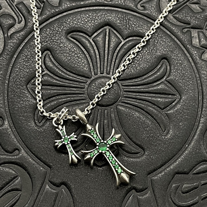 Sterling Silver CH and Diamond Double Cross Necklace 12 colors