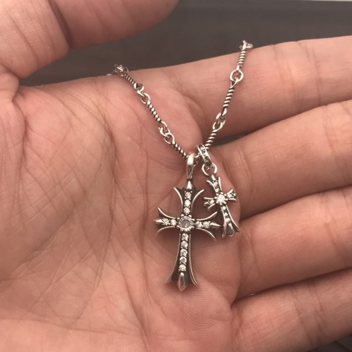 Sterling Silver CH and Diamond Double Cross Necklace 12 colors