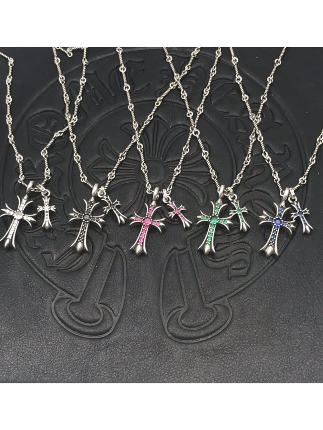 Sterling Silver CH and Diamond Double Cross Necklace 12 colors