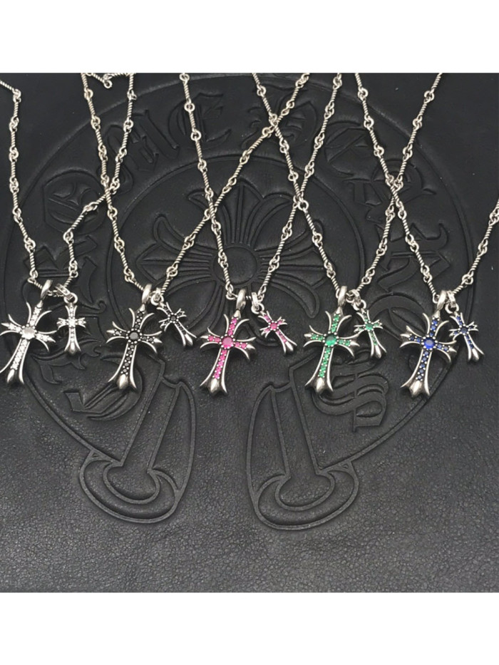 Sterling Silver CH and Diamond Double Cross Necklace 12 colors