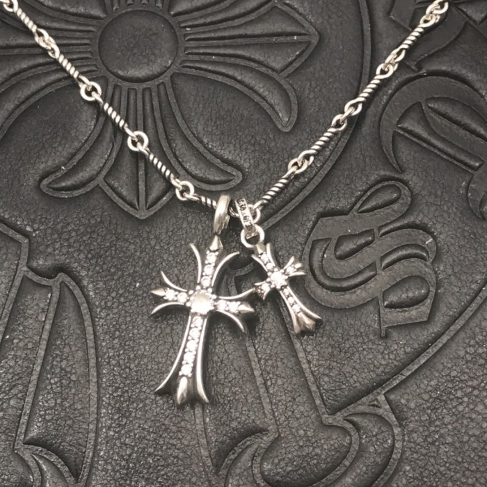 Sterling Silver CH and Diamond Double Cross Necklace 12 colors