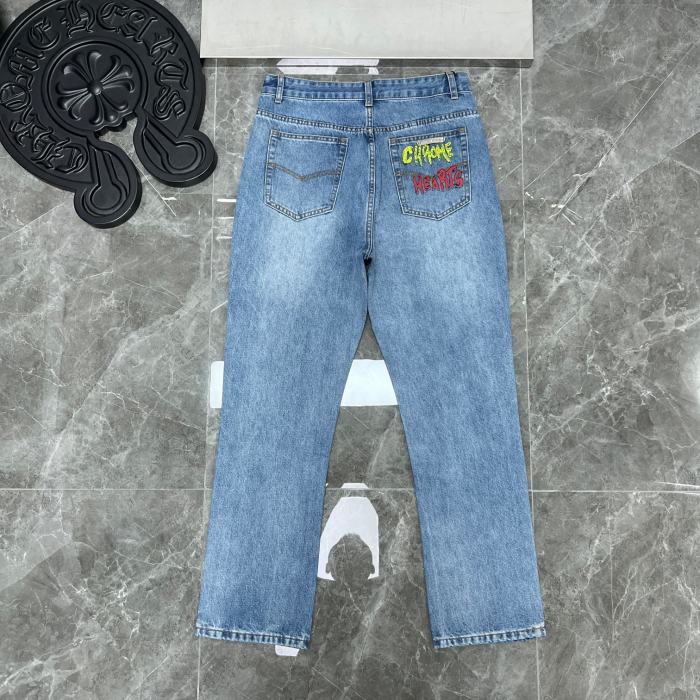 Patchwork leather embroidered washed jeans