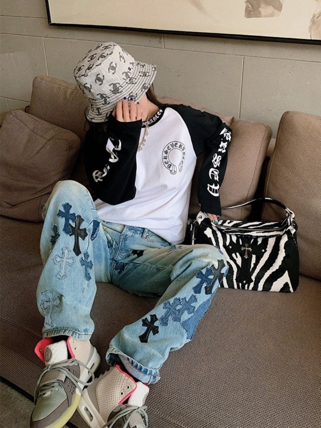 Patchwork leather embroidered washed jeans